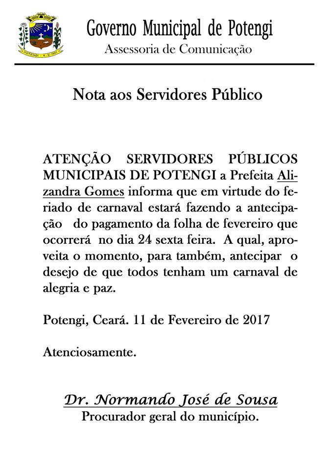 Em Potengi, prefeita Alizandra vai antecipar pagamento de fevereiro dos servidores para antes do Carnaval