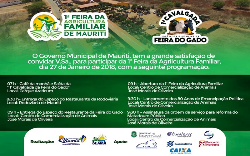Prefeitura de Mauriti-CE convida a população para a 1º Feira de Agricultura familiar e Cavalgada da feira do gado, confira a programação: