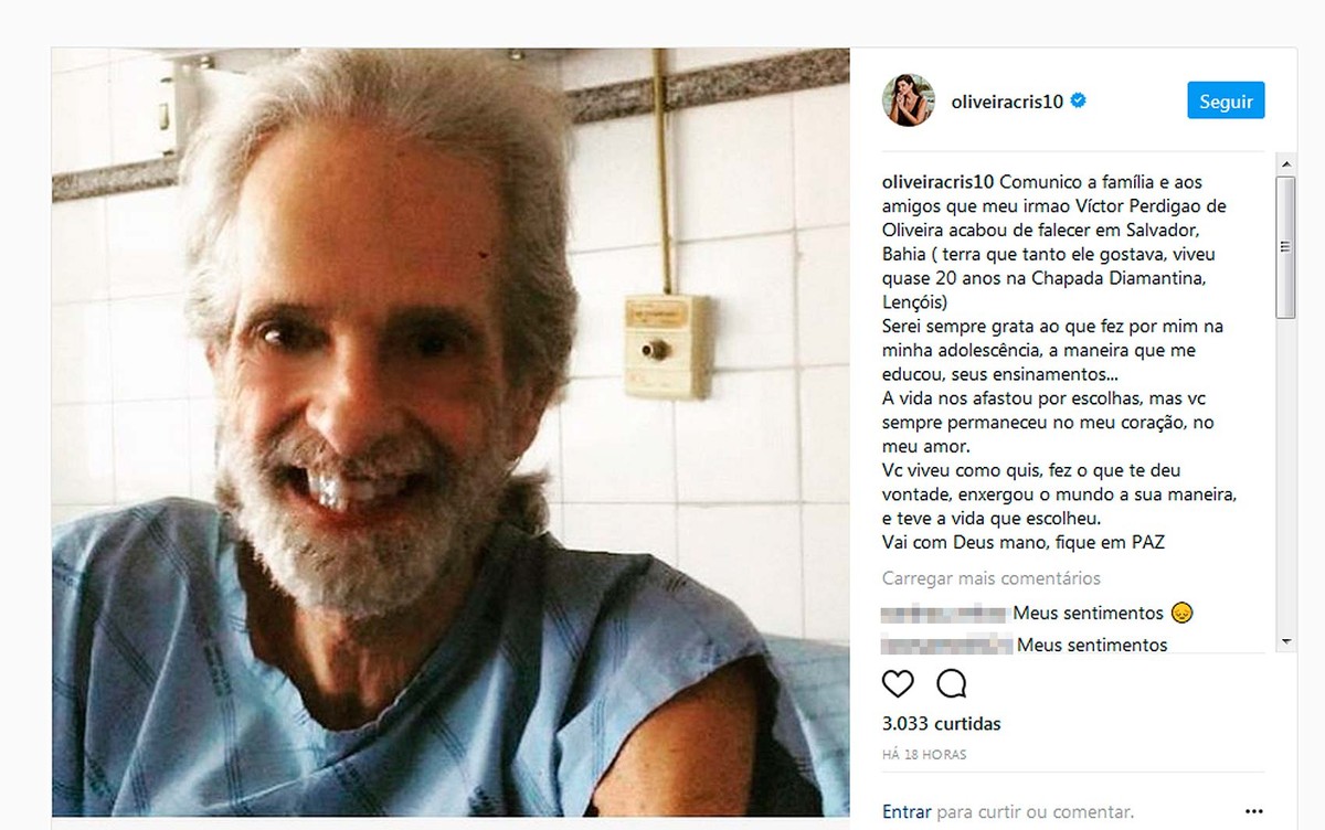 Irmão de Cristiana Oliveira morre na Bahia: ‘Vai com Deus mano’, diz atriz em post na rede social