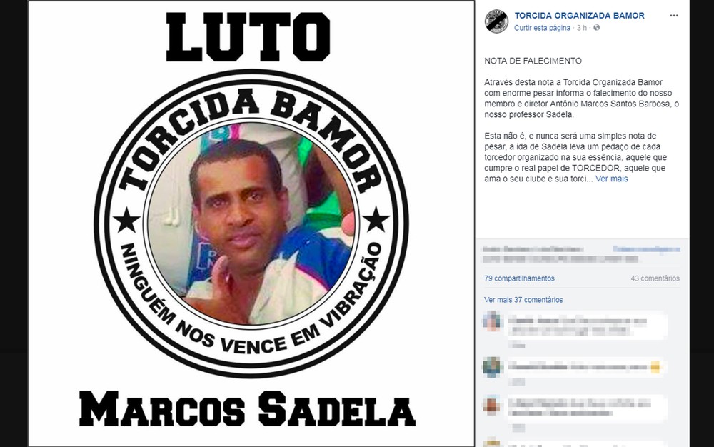 Morre um dos 3 integrantes de torcida organizada do Bahia baleados na porta da sede do grupo em Salvador