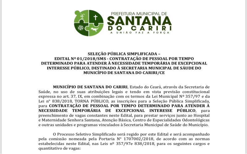 Secretaria de saúde de Santana do Cariri-CE divulga edital para contratação de várias profissões; veja: