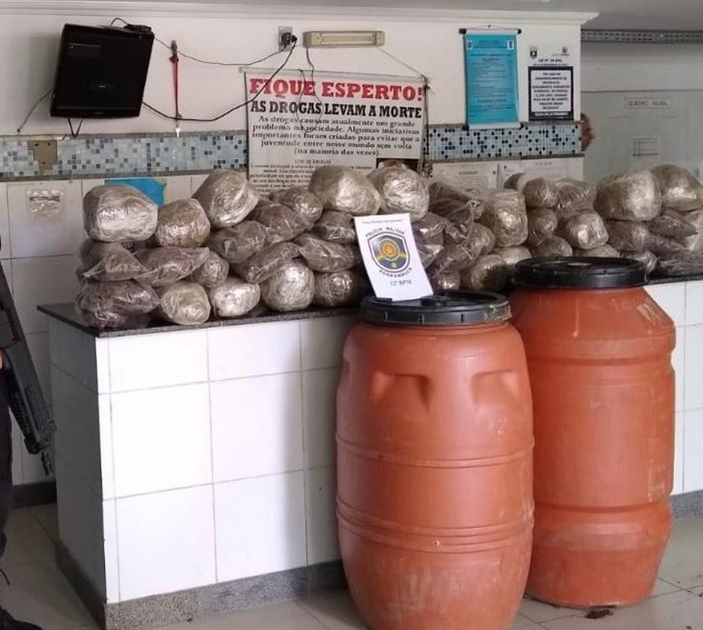 PM apreende 100 quilos de maconha que estavam escondidos em barris pendurados em árvores