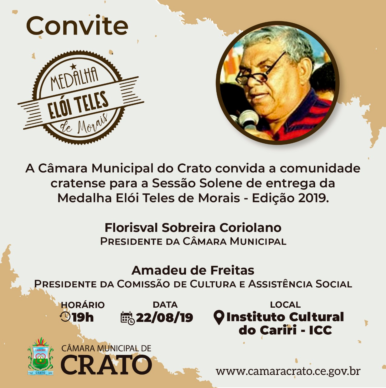 CÂMARA REALIZARÁ SESSÃO SOLENE PARA ENTREGA DA MEDALHA ELÓI TELES DE MORAIS