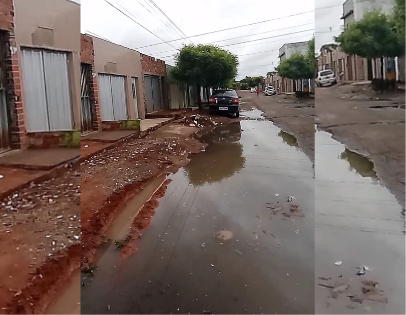 Rua com asfalto quebrado acumula poças de água no Tiradentes