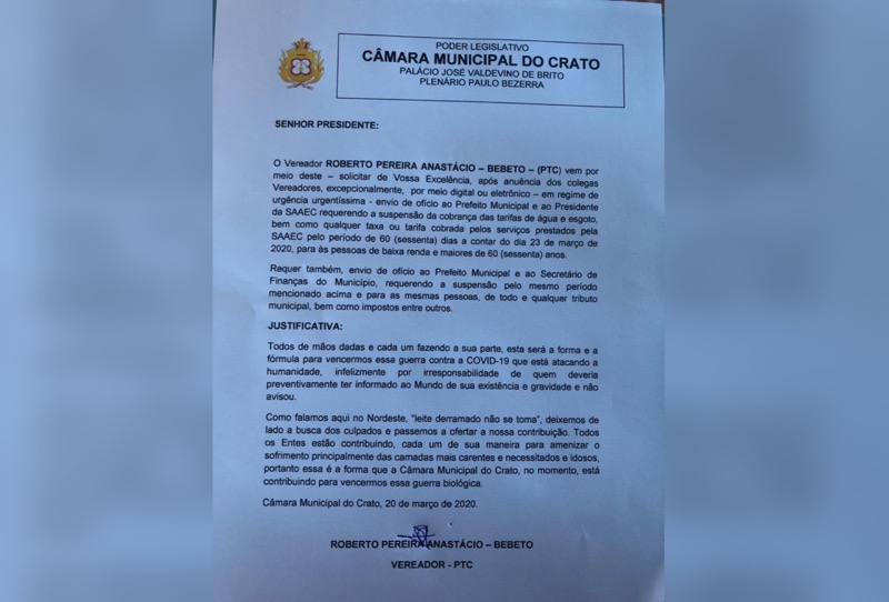 Vereador reinvindica suspensão de taxas e impostos para pessoas de baixa renda pelos próximos 60 dias em Crato