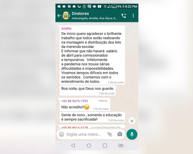 Missão Velha: secretária avisa a servidores pelo whatsapp que não vai pagar salários de abril