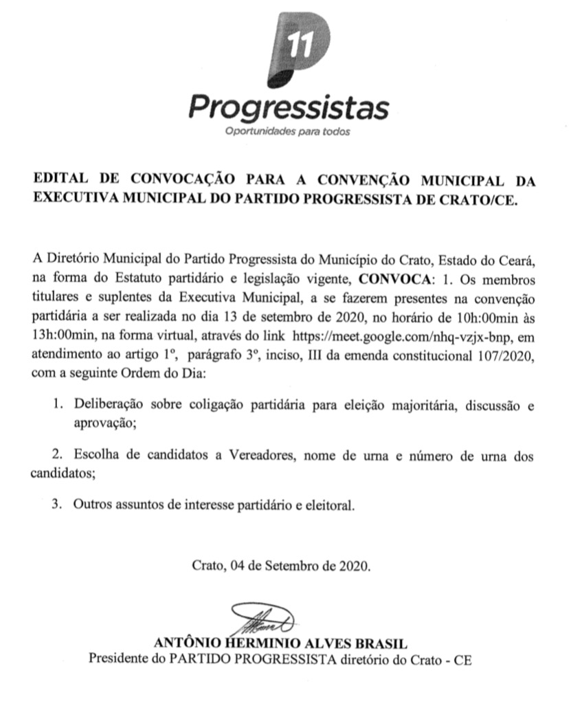 Progressista convoca filiados para convenção partidária em Crato