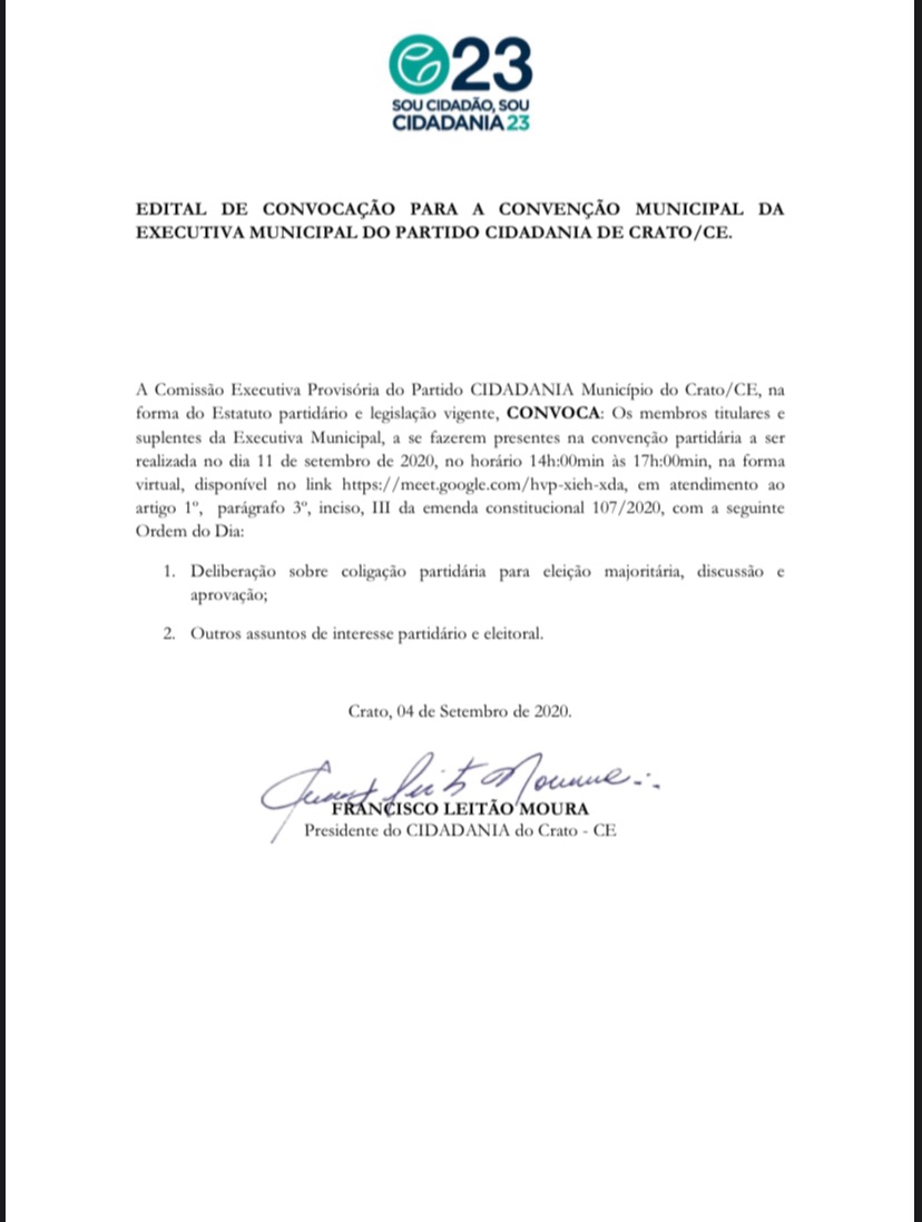 Cidadania convoca filiados para convenção partidária em Crato