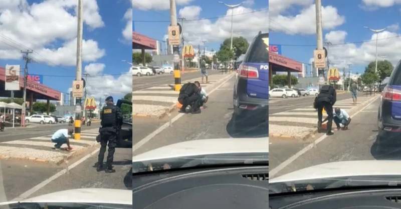 Policial para carro e ajuda vendedor a recolher chicletes caídos no chão