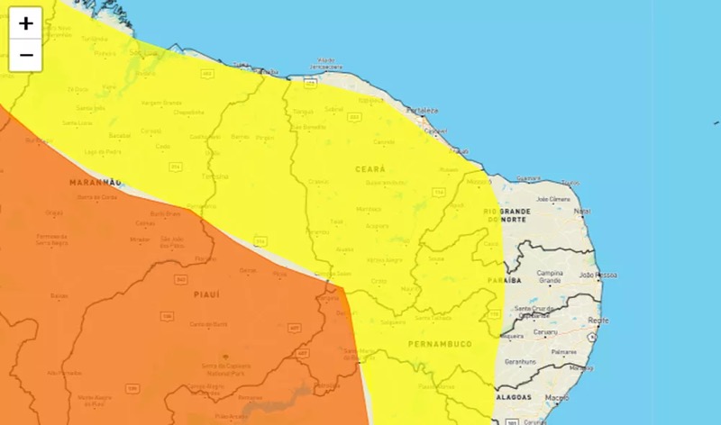 Inmet emite aviso ‘amarelo’ de chuvas intensas e ventos para quase todo território cearense