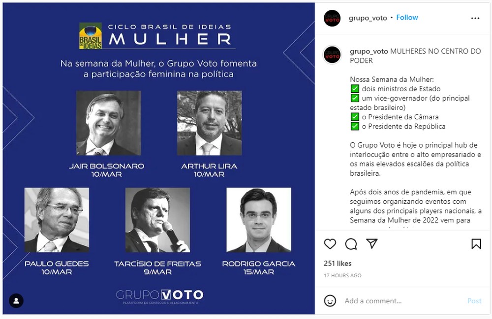 Evento para fomentar participação feminina na política divulga lista de debatedores: todos homens