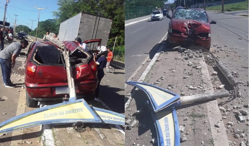 Carro derruba poste após acidente em Juazeiro do Norte