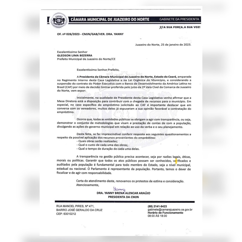 Em ofício ao prefeito, presidenta Dra. Yanny cobra mais transparência sobre empréstimo de UU$ 80 milhões suspenso pela Justiça