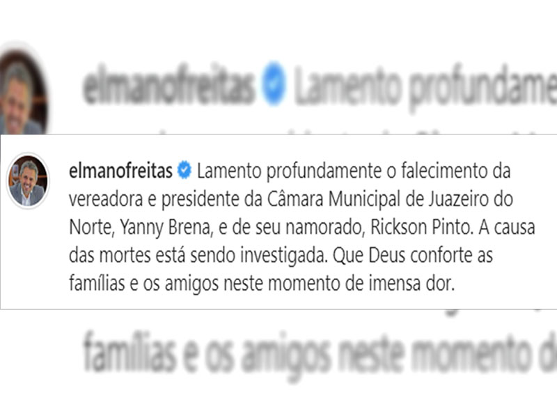 Governador Elmano de Freitas lamenta morte da vereadora Yanny Brena: “Imensa dor”