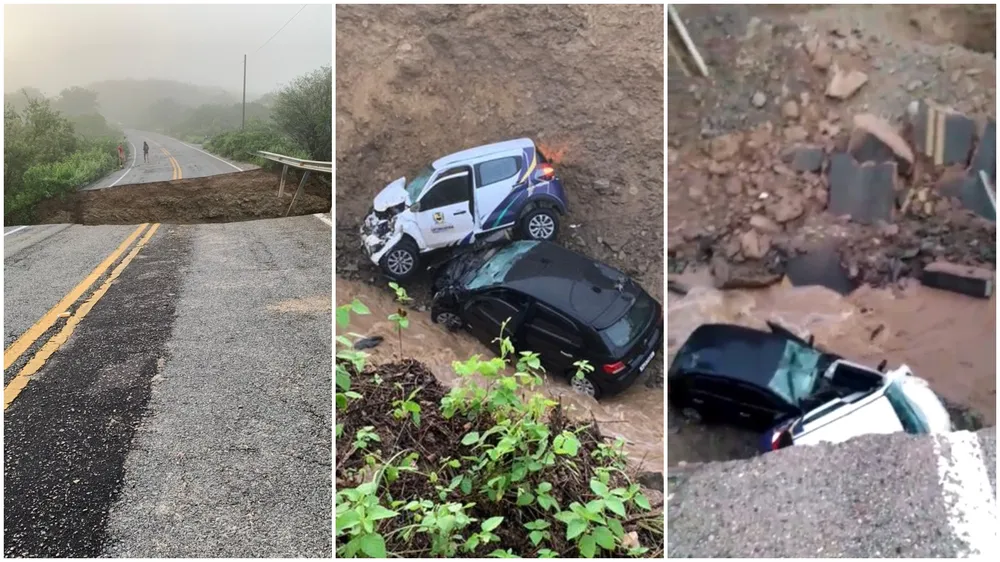 Chuva forte destrói estrada e carros caem em cratera em Mauriti