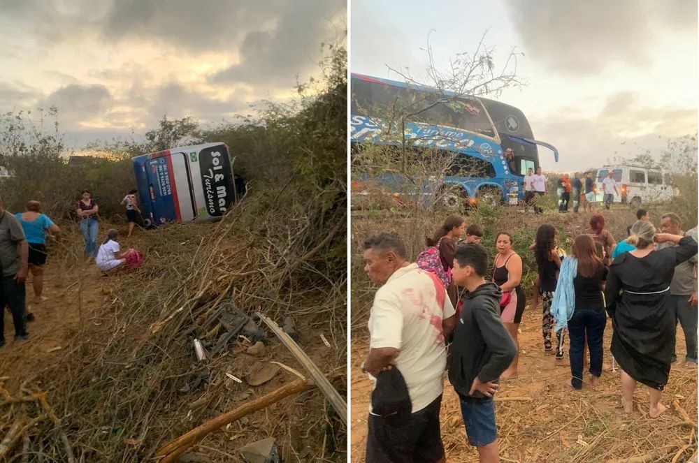 Ônibus com romeiros do Piauí tomba em Pernambuco a caminho de Juazeiro do Norte; uma pessoa morreu