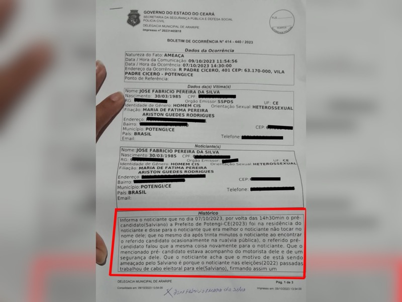 Homem registra B.O por ameaça contra pré-candidato a prefeito de Potengi