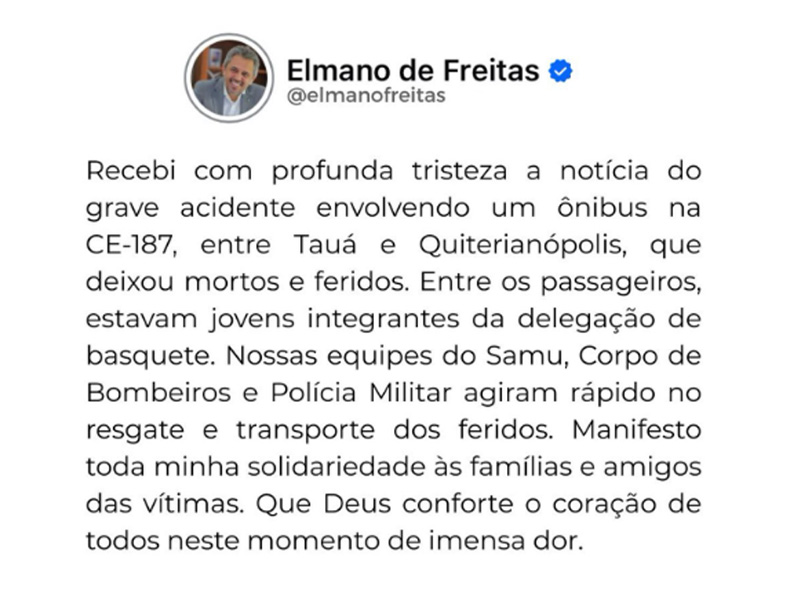 Governador presta solidariedade após tragédia com time de basquete do Colégio Polivalente, na CE-187